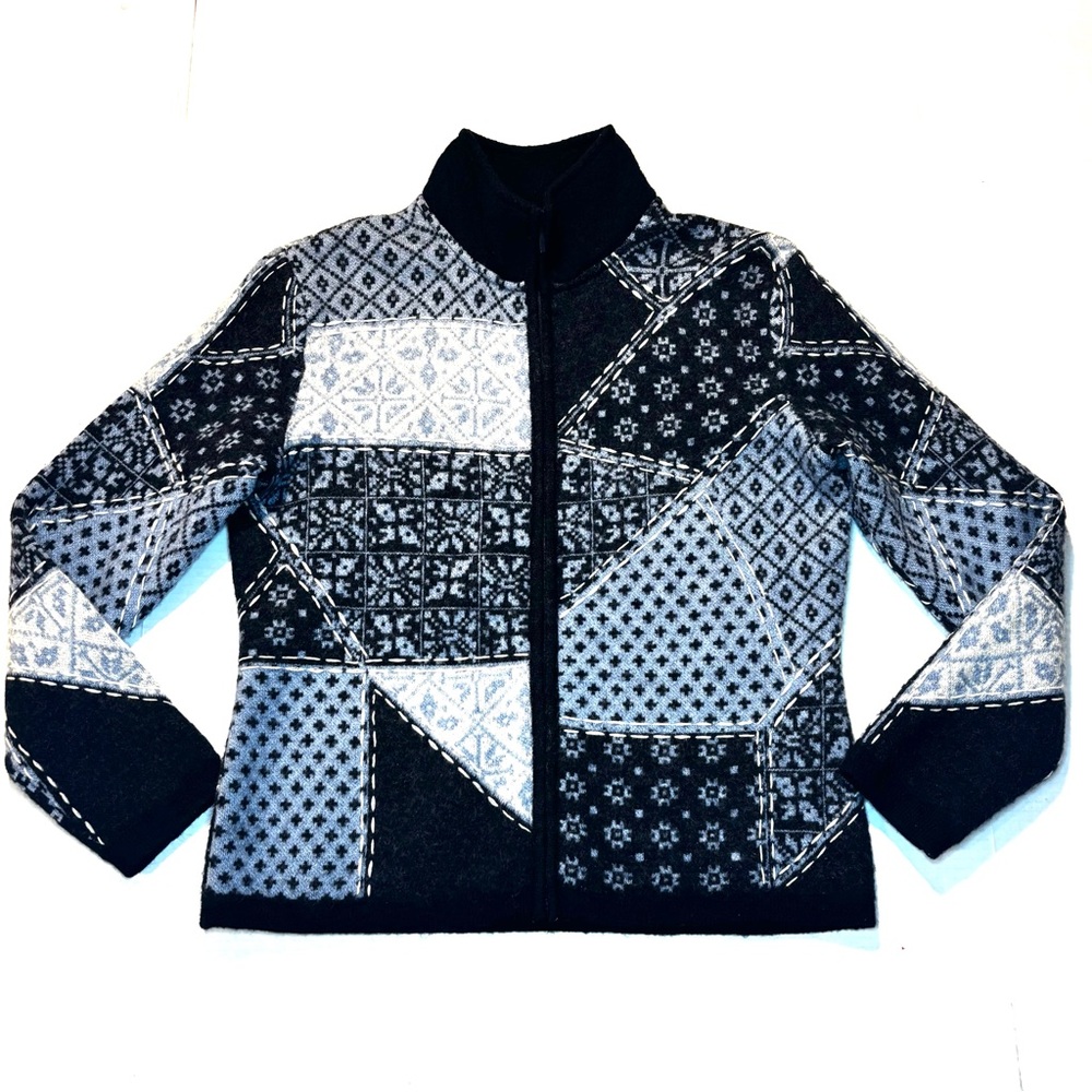 Talbots‎ 100% Merino Wool Whipstitch Fair Isle Patchwork Cardigan Jacket Petite